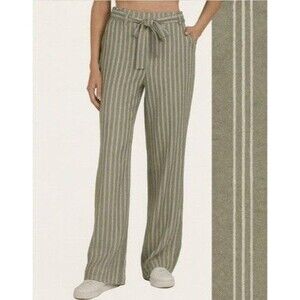 Sound/Style Women's Linen Blend Wide-Leg Pants Green Striped Large NWT